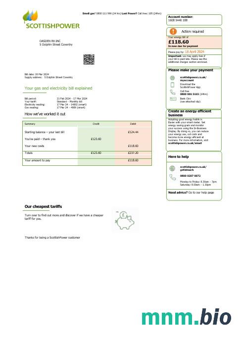 United Kingdom Scottish Power rachunek za usługi komunalne Word and PDF template